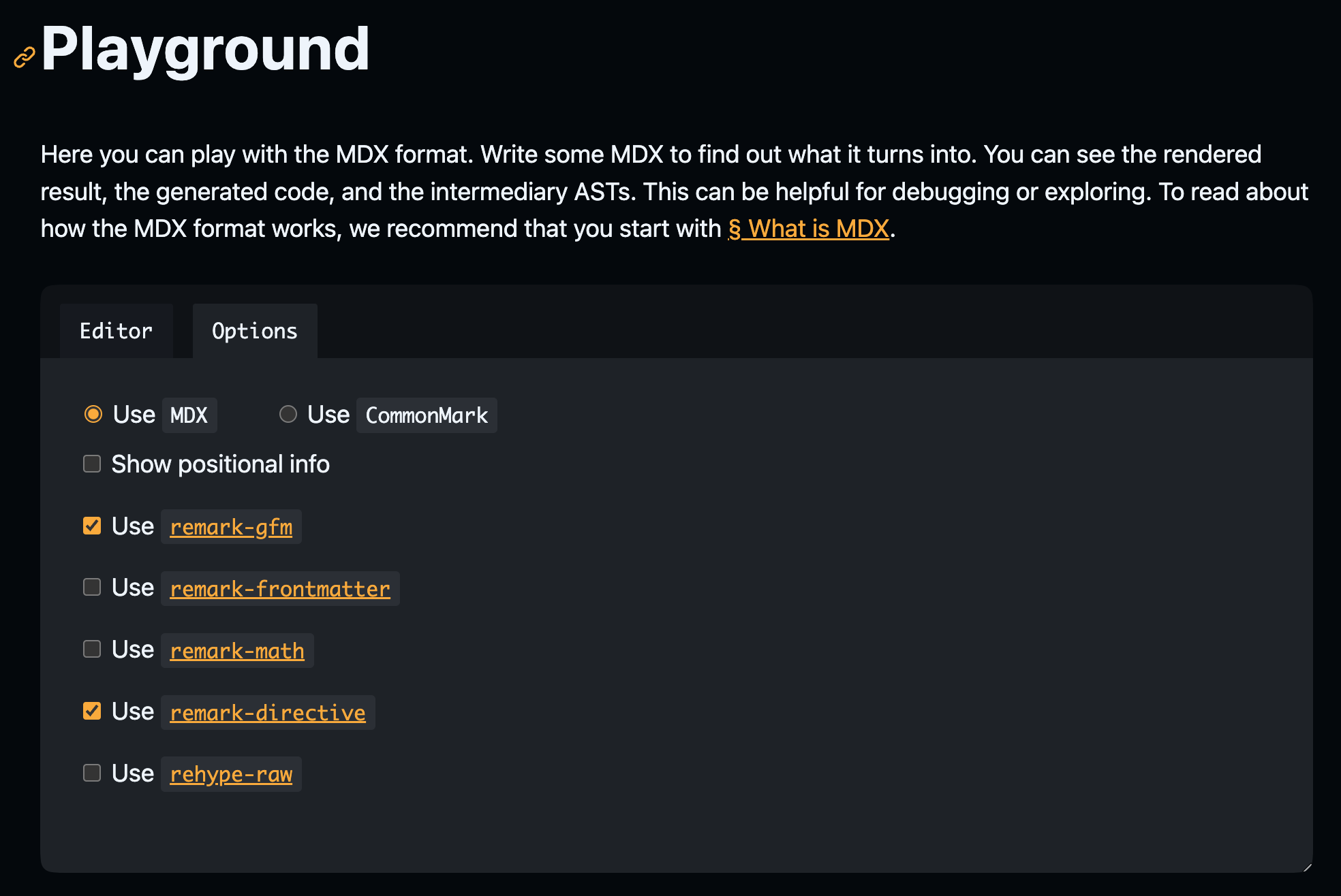 Screenshot of the MDX playground's options panel, with only the "Use MDX", "Use remark-gfm", and "Use remark-directive" options checked